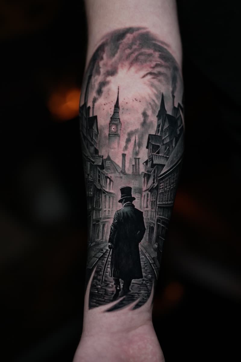 Dark City Szene — Arm Tattoo Idee von Nikita bei Electric07